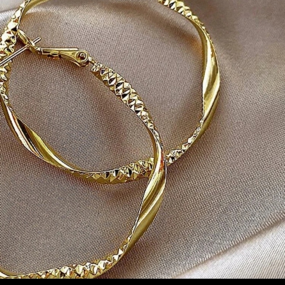 Gold Texture Twisted Hoop Earrings - Picture 3 of 7